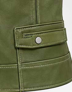Women's Olive Green <b>Leather</b> Moto <b>Vest</b> With Zipper Closure - Product Image 2