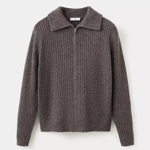 Cardigan côtelé zippé pour homme, manches longues, couleur unie, anti-boulochage, en laine acrylique tricotée, col rabattu, idéal pour l'automne - Product Image 1