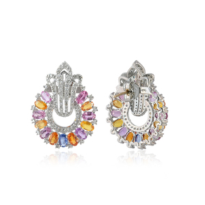 Pendientes Florales Hechos a Mano de Plata de Ley 925 con Diamantes Pavé y Múltiples Gemas de Zafiro, Venta al por Mayor de Joyería - Product Image 3