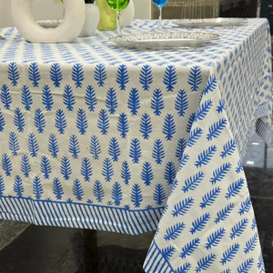 Custom Boho Retro Blue & White Floral <b>Tablecloth</b> Hand Block Print Farmhouse Style for Easter Brunch & Weddings Table Cloth Gift - Product Image 1