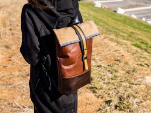 Genuine Leather <b>Roll</b> Top <b>Backpack</b> Mens Large Laptop Bag Cowhide Travel Rucksack Expandable Main Pocket LTBP-0117 - Product Image 2