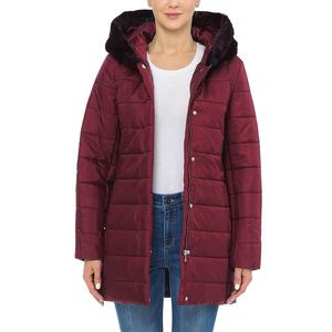 Veste matelassée rouge pour femme, manches longues, avec capuche à fourrure, fermeture éclair, manteau d'hiver épais, couleur unie, rembourrage en polyester - Product Image 6
