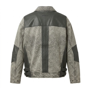 Acid Wash <b>Grey</b> Biker <b>Coat</b> Leather Patchwork Asymmetric Zip Outerwear Streetwear <b>Mens</b> Vintage Denim Motorcycle Jacket - Product Image 2