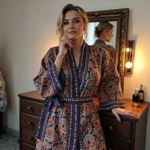 Elegante vestido de kimono con diseño de estampado de flecha de Paisley para mujeres de talla grande hecho con tela transpirable de algodón puro - Product Image 3