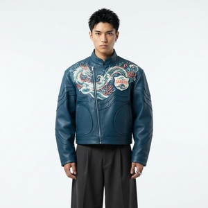 Blouson aviateur en cuir véritable bleu, col mandarin, dragon brodé à la main, style chinois, fermeture éclair sur le devant - Product Image 1
