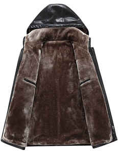 Men PU Leather Hooded Jacket Faux Fur Lined Zipper Closure Winter Outerwear Moto Biker Style Thick Warm <b>Coat</b> - Product Image 3