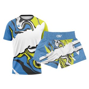 Ensemble de short de combat Muay Thai personnalisé OEM, manches courtes, entraînement MMA, sparring, ensemble de lutte extensible, logo personnalisé sublimé - Product Image 1