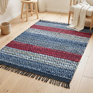Handmade Recycled Leather Accent <b>Rug</b> with Tribal Stripe Design for Bedroom Scandinavian <b>Rustic</b> & Farmhouse Home - Product Image 2