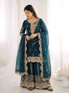 Teal Silk Embroidered Indian Pakistani Wedding <b>Lehenga</b> Set <b>Women</b> Traditional Regular Dress with Dupatta Stretchable Wrinkle-Free - Product Image 5