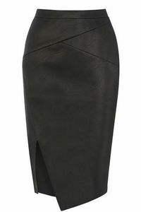 Jupe crayon asymétrique en cuir taille naturelle avec fente, mini, noire unie, satinée, vintage, brodée, avec ceinture pour femme - Product Image 2