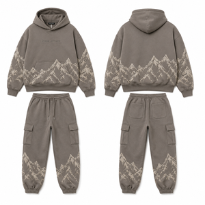 Conjunto de chándal de lujo gris piedra extragrande para hombre, con sudadera pesada y joggers cargo con estampado de montaña, OEM ODM, personalizado, estilo urbano - Product Image 2