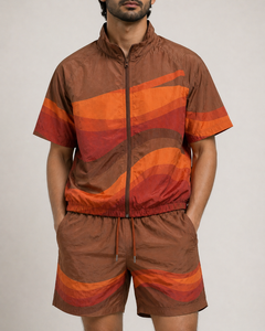 Ensemble veste et short pour homme, couleur dégradée, manches courtes, polyester respirant, coordonnés pour l'été, avec cordon de serrage à la taille et poche latérale - Product Image 3