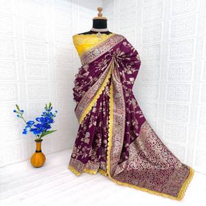 VASTRA COTTAGE Sari de Seda Dola Tejido con Diseño Floral para Mujer, Sari Festivo para Bodas - Product Image 4