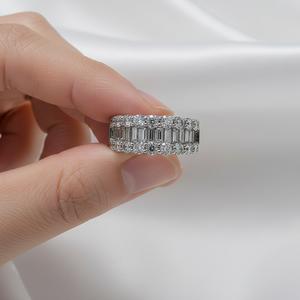 Anillo de Boda Clásico de Plata de Ley 925 con Moissanita de Corte Baguette y Corte Brillante, Media Eternidad, 3 Filas, 4.40 TCW, Multicolor - Product Image 6