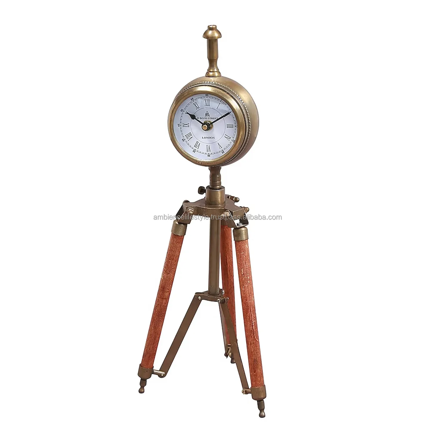 High Quality Solid Brass & Wooden Decorative Polished Tripod Clock Nautical by Ambience Lifestyle