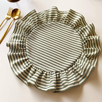 Set de table carré en lin brodé fait main à rayures vertes avec volants et serviettes en coton-lin pour mariage et fête
