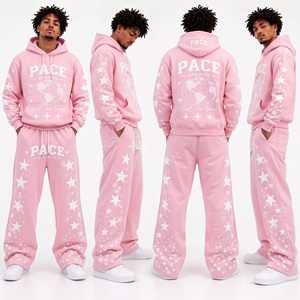Conjunto de 2 piezas para hombre: Sudadera con capucha holgada con estampado gráfico de estrellas y pantalones de chándal acampanados de felpa gruesa, color rosa pastel vintage. - Product Image 1