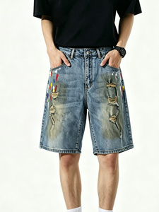Pantalones Cortos de Mezclilla para Hombre, Pintados a Medida, Estilo Urbano, Hip Hop, Desgastados, Casuales, Lavado Claro, para Verano - Product Image 3