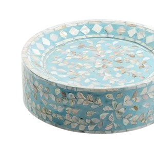 Phenomenal mother of <b>pearl</b> cake stand, aqua floral seashell low tray display set with recessed <b>top</b> for banquets - Product Image 4