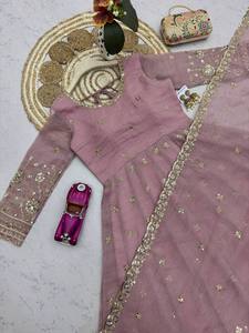 Women Traditional Indian Pakistani Salwar Kameez Floor Length Embroidered Polyester Wedding <b>Dress</b> <b>Loose</b> Fit Pink Gold Trim - Product Image 3