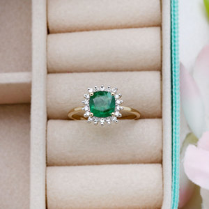 14K Solid Yellow Gold <b>Cushion</b> Emerald Diamond Halo Engagement <b>Ring</b> Fine Jewelry Wholesale Custom Genuine Gemstone <b>Ring</b> For Women - Product Image 5
