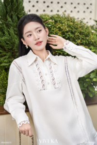 Women's <b>Linen</b> Ivory Lace Patchwork Long Sleeve Blouse Vintage Collared Loose Fit Shirt Elegant Floral Crochet <b>Top</b> KEIRA - Product Image 4