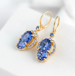 Elegantes Pendientes Ovalados Azules con Circonitas Cúbicas y Plata de Ley 925 con Baño de Oro de 18K, Accesorio para Novia, para Fiestas y Cócteles - Product Image 4