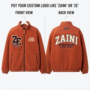 Premium 240gsm Polar <b>Fleece</b> Running <b>Jacket</b> <b>Sherpa</b> Texture Brown Orange Color Panel Design Custom Chenille Logo Full Zip - Product Image 1