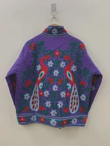 Chaqueta de algodón morado hecha a mano, elegante, con cuello mandarín, mangas largas, frente abierto, estilo étnico, para mujer. - Product Image 2