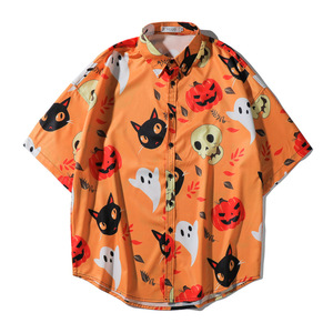 Camisa de manga corta con estampado de Halloween para hombre, informal, verde, con dibujos animados de calabaza, fantasma, murciélago, gato, con botones, para otoño - Product Image 5
