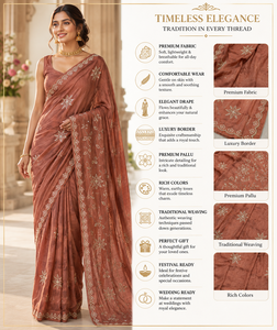 Sari de Seda Rosa Polvoriento con Diseño Floral Bordado, Estilo Vintage, Secado Rápido, Sin Arrugas, Protección Solar, Largo hasta el Suelo, para Mujer, para Fiestas - Product Image 3
