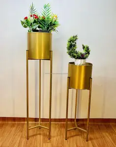 Proveedor a granel Decoración para el hogar Moderno Mid Century Gold Iron Powder Coated Floor Plant Stand con maceta 2 piezas Gold