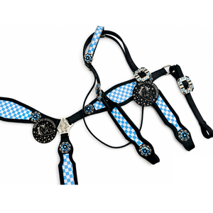 Ensemble de têtière et de collier de poitrail en cuir noir style western avec incrustation à carreaux bleus et conchos en strass, équipement équestre confortable - Product Image 3