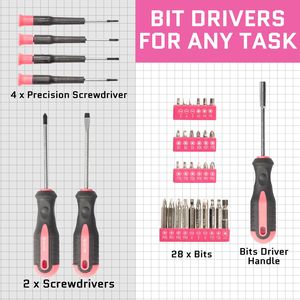 Set Trapano Senza Fili Rosa 8V, Kit di Attrezzi da 146 Pezzi per Riparazioni Domestiche, Set di Utensili Manuali 64738747 - Product Image 1