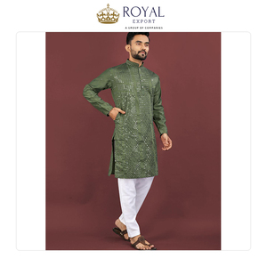 Ropa Étnica Masculina de Estilo Indio de Calidad Estándar al Precio Más Bajo, Kurta de Seda Viscosa y Pantalón de Algodón para Bodas - Product Image 6