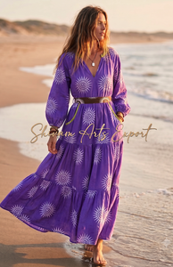 Vestido Maxi Morado con Cuello en V y Estampado Geométrico, Cinturón, Ropa de Playa para Mujer, Transpirable, Viscosa y Algodón, Manga Larga, Estilo Boho, 1 Pieza - Product Image 1