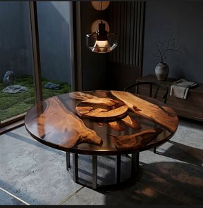 Table à manger ronde en résine époxy, plateau moderne effet bois, décoration de meubles pour salon - Product Image 4
