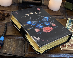 Blank Spell Book Shadows Journal <b>Lock</b> Clasp Vintage Handmade Leather Hardcover Water Color Luna Moths Morpho Butterfly Print - Product Image 5