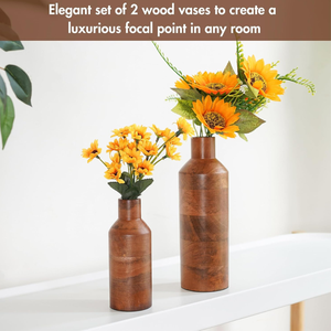Vase à fleurs en bois sculpté à la main, design rond, ensemble de 2 vases en bois de manguier en forme de bouteille pour la décoration de la maison - Product Image 3