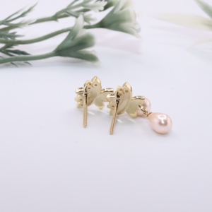 Yellow Gold Lotus Flower Lab Grown <b>Diamond</b> Stud <b>Earrings</b> with <b>Pearl</b> Drop Minimalist Design for Wedding Engagement Gift Women - Product Image 3