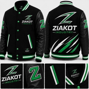 เสื้อแจ็คเก็ตวาร์ซิตี้ผู้ชาย ZIAKOT สีดำ ขาว เขียว พิมพ์ลายโลโก้ตัวอักษร สไตล์ลำลอง สำหรับฤดูใบไม้ร่วงและฤดูหนาว ผลิตจากโพลีเอสเตอร์และผ้าฝ้าย กระดุมแป๊กเต็มตัว มีกระเป๋า - Product Image 5