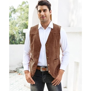 Chaleco de Cuero de Gamuza Marrón Personalizado para Hombre, Estilo Vintage Vaquero Occidental, Cuello en V, Botones a Presión, Estilo OEM - Product Image 1