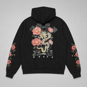 Sudadera con Capucha Negra para Hombre, Bordado Floral en las Mangas, Estilo Casual Otoñal, Corte Holgado, Tejido de Algodón - Product Image 2