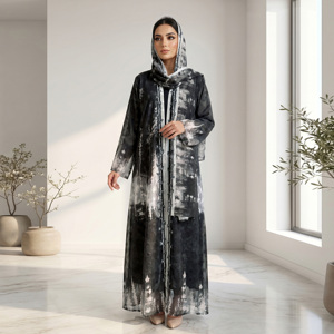 Ensemble Abaya ouverte en tissu jacquard Premium Chicago Butti, couleur unie, grande taille, en polyester, avec hijab assorti, style islamique modeste - Product Image 5