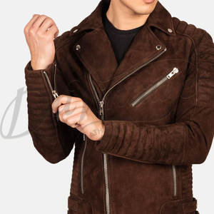 Chaqueta de Motociclista Acolchada de Cuero Gamuza Marrón para Hombre, Corte Ajustado, Chaqueta de Cuero Genuino con Cremallera en las Mangas, Prenda Exterior de Moda - Product Image 1