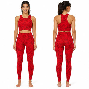 Ensemble de yoga floral rouge pour femme, legging taille haute, crop top, ensemble 2 pièces sans couture, soutien-gorge de sport, tenue de sport extensible pleine longueur - Product Image 2