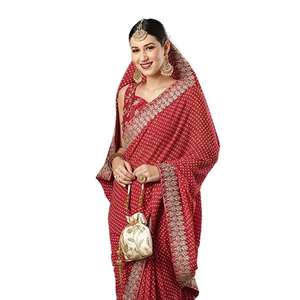 PARTY WEAR GEORGETTE SECUENCIA TRABAJO SAREE CON BLUSA DESCOSTADA ROJO - Product Image 1