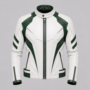Blouson de moto en cuir PU pour homme, blanc et vert, style color block, col montant, fermeture éclair, coupe slim, coupe-vent, style motard - Product Image 3