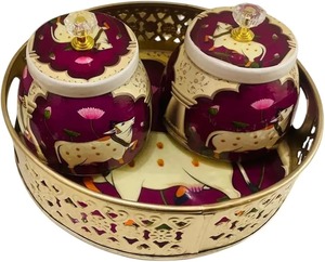 Premium Finish Metal Pichwai <b>Jar</b> with Tray Classic Design Stylish <b>Decorative</b> Storage Container for Home Decor and Gifting - Product Image 4