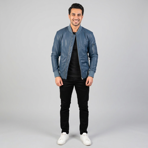 Chaquetas de cuero personalizadas al por mayor para hombre, color azul, a la moda, en todos los colores, con bolsillo en la manga. - Product Image 6